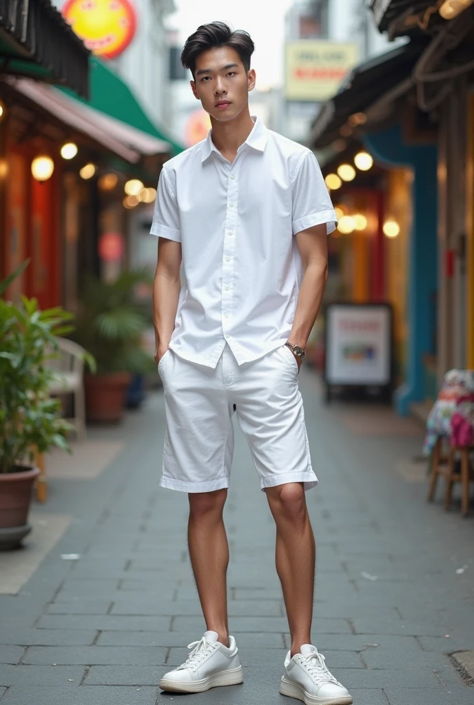 Chinese man, 29 years old, handsome masculine face , big eyes, high nose, smooth white skin, pink lips, flawless skin well-proportioned body, fitness body, wearing white t-shirt, black jeans and jacket, black undercut hair, standing next to the river in Beijing China, hands in pockets, natural light