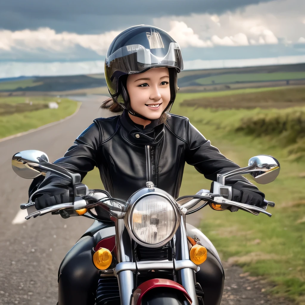 (young female rider in chrome helmet is sprinting on motorbike)、Vintage Bike、Bluff Superior SS100、Isle of Man Race、leather jumper、Cronwell Helmet、With goggles、after rain、British countryside、(best quality, masterpiece, high resolution)、8k、wallpaper