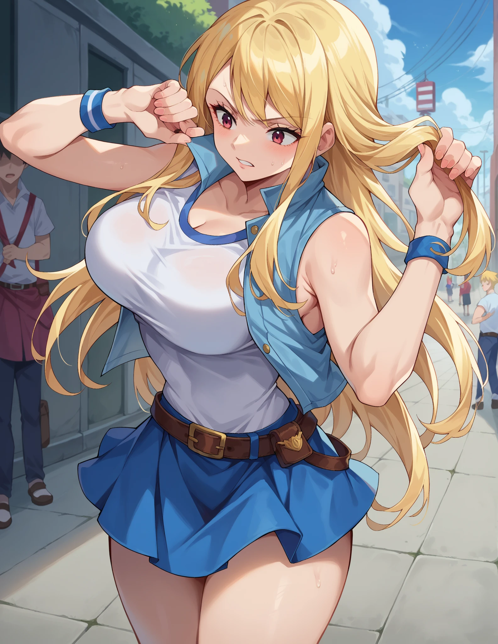 Best quality, high resolution, Sky, Upper body, (huge breasts:1.2), Beatrix Amerhauser, Long hair, blue eyes, blonde hair, Ponytail, Gloves, Fingerless Gloves, armor, Japanese armor, T-shirt , white tank top, cleavage, collarbone, blush, happy, smile, open mouth, looking at viewer, pose, large round breasts, wide thighs, wide hips,