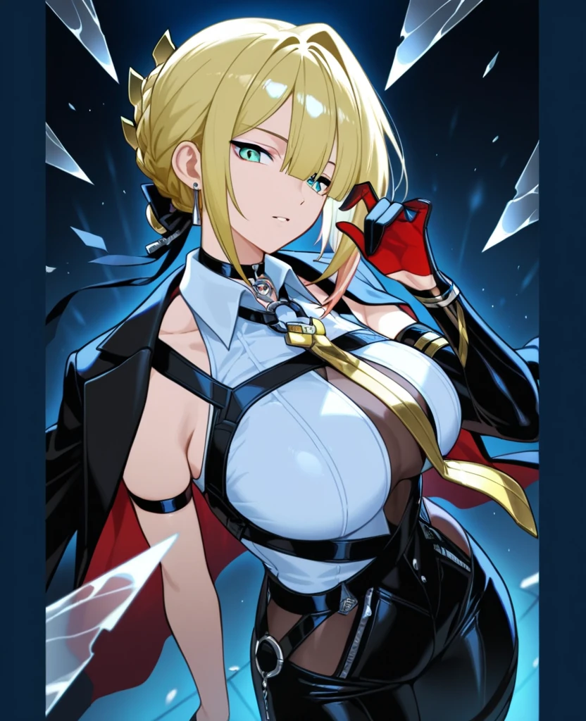 Mlynar(Arknights),yellow hair,animal ears,curvy body,wearing original clothes (half shattered), wielding big rapier, big breast,big thighs, radiant background,midnight setting,nsfw