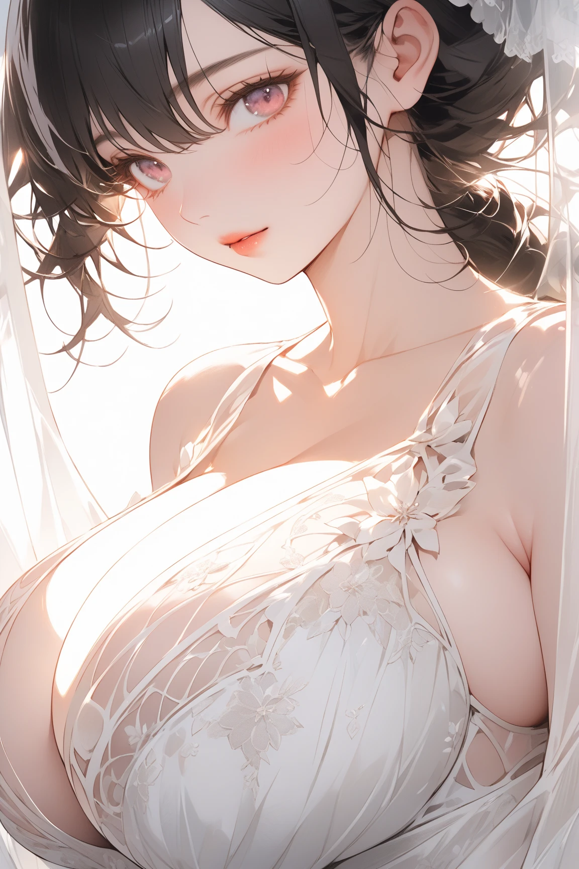 1girll , brunette, natural soothing expression, white colour scheme, long gown, white gauze, brunette, natural soothing expression, floating in the air, long dress, face of a mature woman, simple white background, sacred, solo, wallpaper, epic feeling, looking up at the camera, looking up from below, ultra wide angle, feeling of nature, looking up, busty photo

