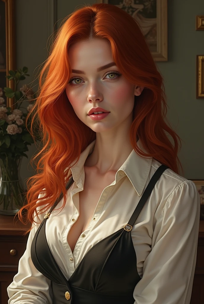 Taki, sitting on a table , (heavy eyeshadow, red lips), slender, White open shirt, no bra, pendant, fantasy art, concept art, highly detailed, high quality, 8k, delicate features, feminine, auburn hair, seductive, Chiaroscuro lighting, (style of howard chandler christy:1.0), (charcoal sketch by jean-joseph benjamin-constant:1.3)