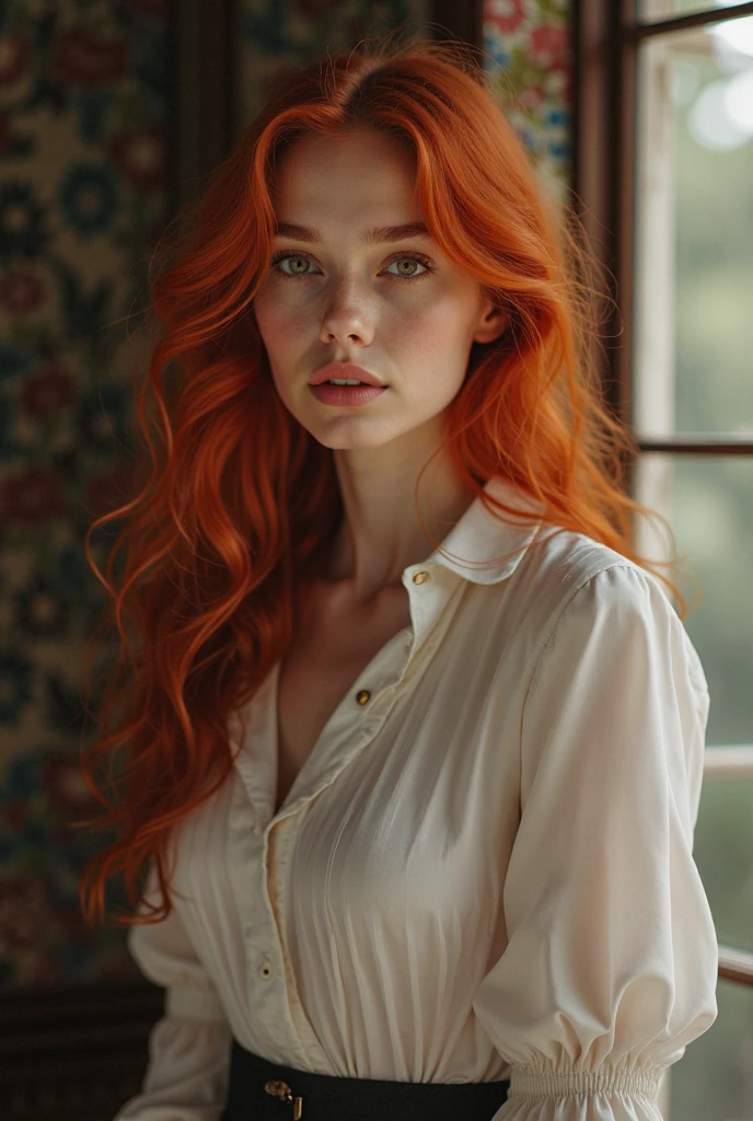 (photorealism:1.2), beautiful woman, green eyes, redhead hair, white blouse, silk pants, long straight hair, indoors, lighting room, paintings in the background, cozy room, candles, innocent pose, realistic, intricate details, warm colors, hot.