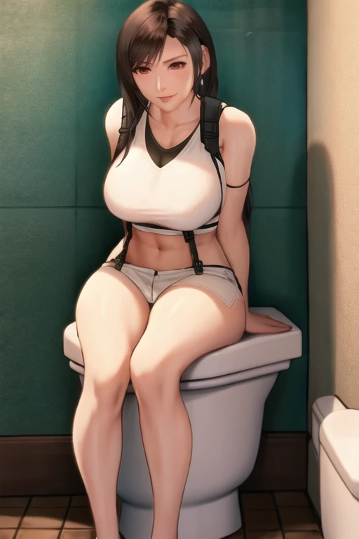 there is a woman sitting on a toilet with her legs up, the anime girl is crouching, beautiful anime girl squatting, from girls frontline, siting on a toilet, tifa lockhart, kawacy, guweiz, fine details. girls frontline, gaming toilet, tifa, toilet, in bathroom, pixiv 3dcg, in a bathroom