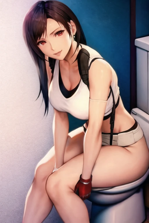 masterpiece, ultra quality, high quality, beautiful detailed glow,film Reflection,
masterpiece, best quality, 1girl defTifa, red eyes, low-tied long hair, earrings, white crop top, suspenders, lift black miniskirt,lift pencil skirt, arm warmers, black elbow gloves, elbow pads, red gloves, red footwear, (large breasts:0.6), upper body, looking at viewer, smile, bar, night, counter,
((from front,front face)),(spread legs:1.6),m legs,arms behind back,(through thong:1.5),(public hair:1.5),
(((Pubic hair shows through))),nipple,