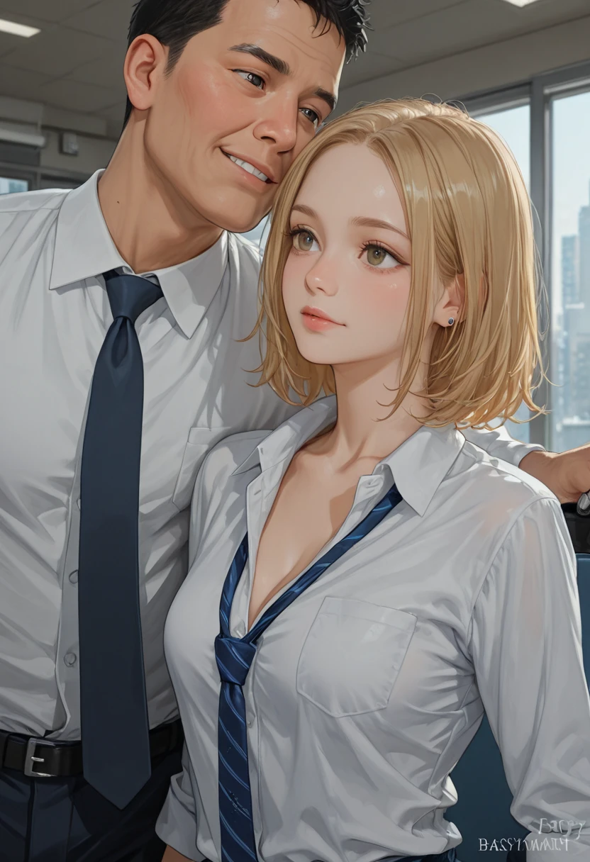 Hot white girl in a secretary uniform, with a black guy behind her, black guy has one hand wrapped around the girl's waist, wearing a suit , photo realistic, artistic , in an office,