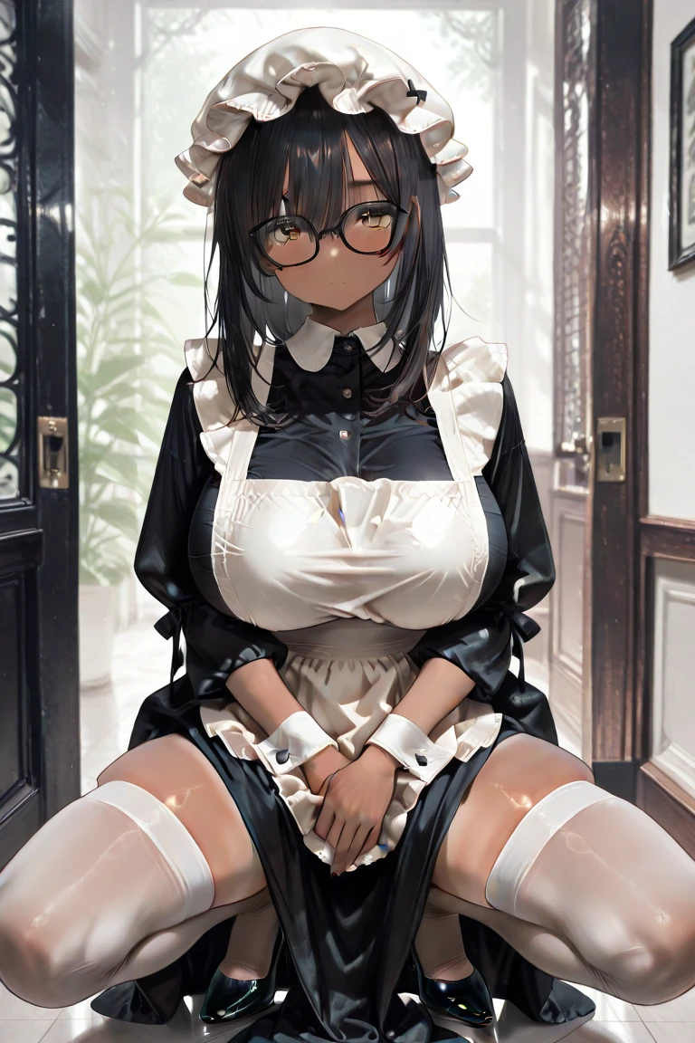 Roberta、Group、Twin braids、Glasses、gem、maid、Opaque Glasses、necklace、apron、Crosaid headdress、crossnecklace、long hair、long sleeve、bangs、Round Glasses、black hair、one girl、solo、(huge breasts:1.8)、Expression of feeling、blush、nipples are visible、Squat with your legs apart、clothes get wet、Clothes are transparent、lace panties、long skirt、spread legs、flashy underwear、Mushy white love juice、Drip a large amount of love juice、orgasm
