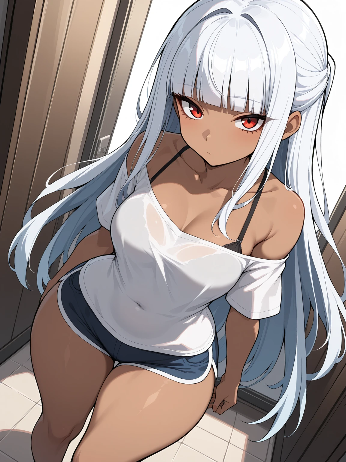 anime girl mit Hasenohren and a white top, Lola-Bunny-Fanart, OC-Kommission, Bunny Girl, casual pose, dick, mit Hasenohren, Im Anime-Stil, Order for high resolution, Charakter im Anime-Stil, ein Tanktop tragen, mit langen Schlappohren, fullbody commission for, Im Anime-Stil, sweet character, with large rabbit ears, bra visible, (((white panties))), red pupils, white hair, tanned skin