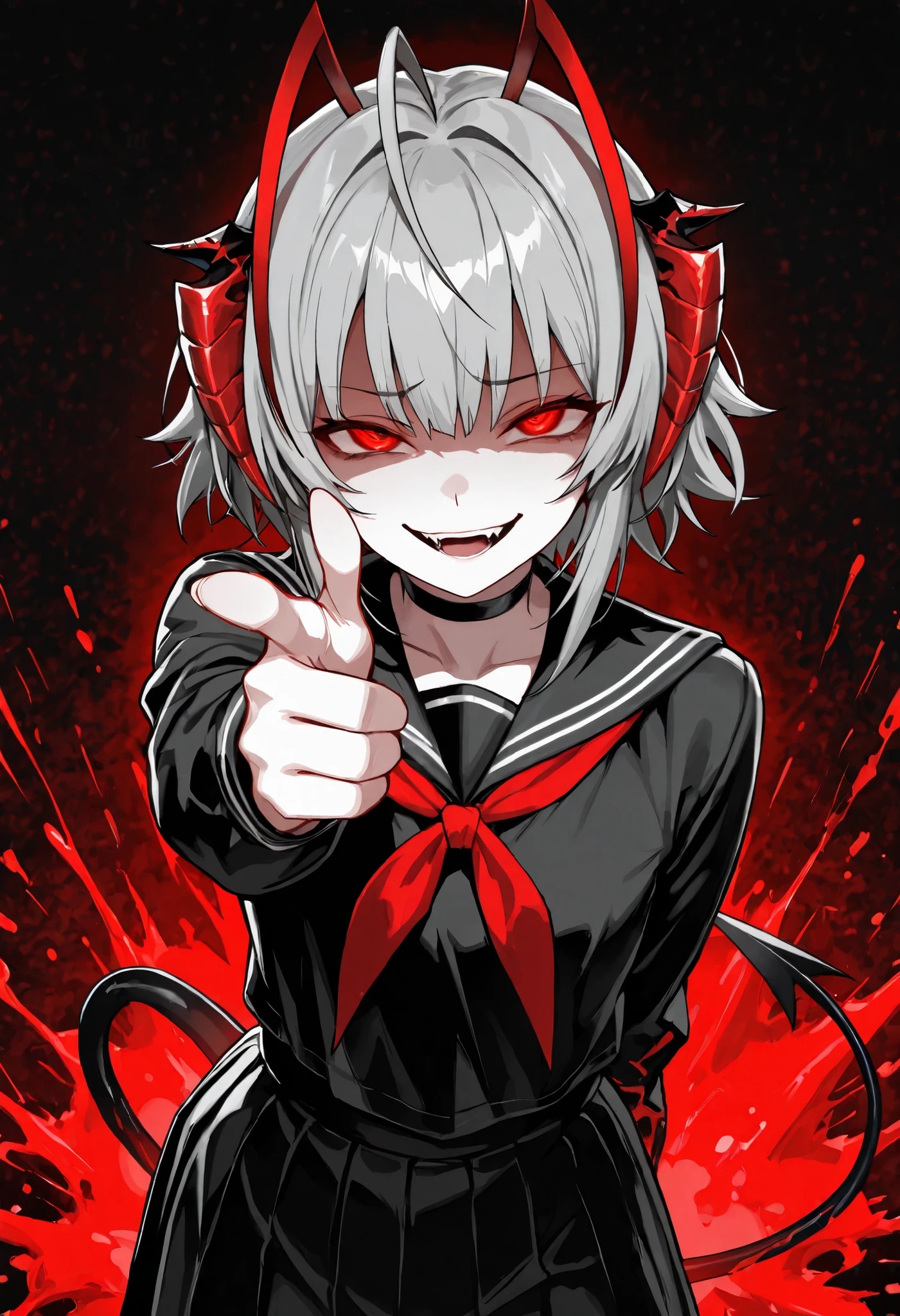 (masterpiece, best quality, high quality, highres, ultra-detailed), 1girl, wdef, demon tail, short hair, grey hair, ahoge, antenna hair, red horns, demon horns, antennae, red eyes, school uniform, choker, looking at viewer, gesugao, evil smile, finger gun toward viewer, pointing toward viewer, evil smile, monochrome, red and black, dark background, slightly open mouth, looking at viewer, horror theme, scary theme, glowing red eyes, wicked expression, red blood ink splash background, color ink splash effect, standing