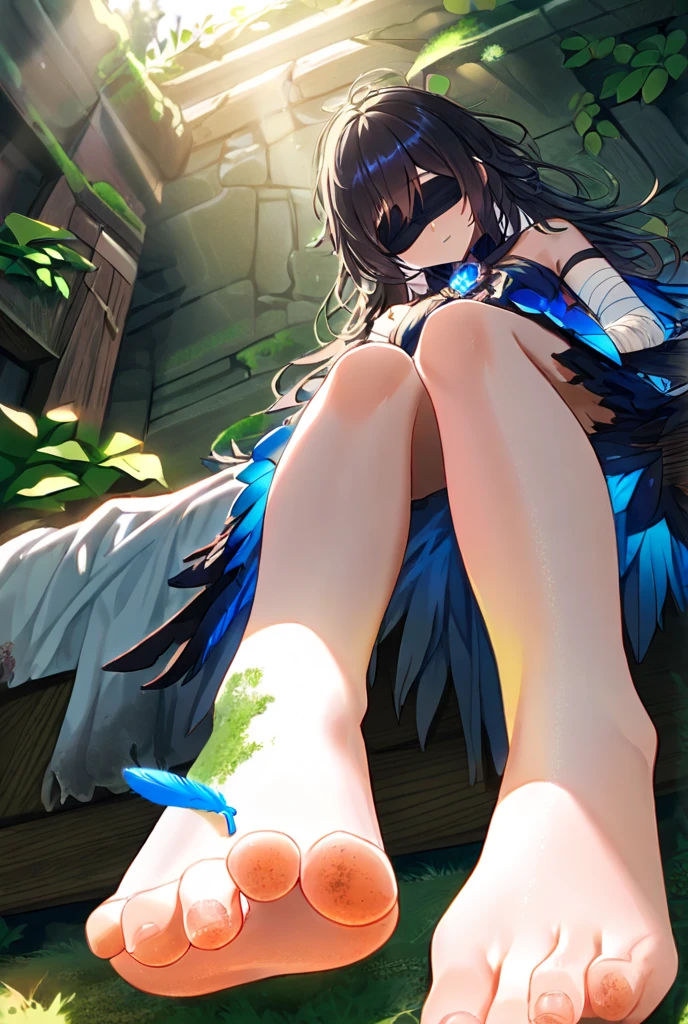 A beautiful princess in a short dress showing her legs sitting on a tree branch 