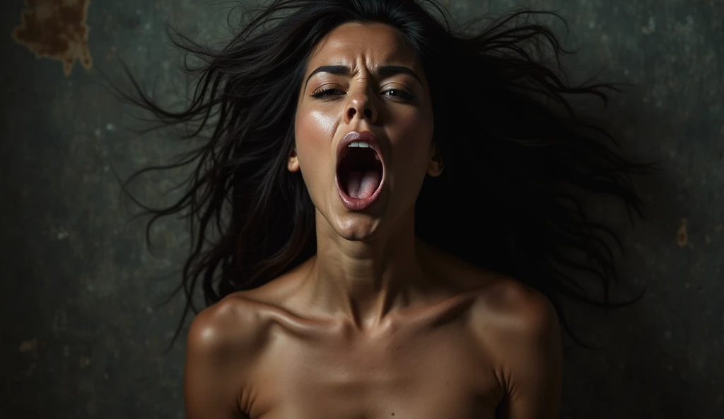 muste piece,Award-winning photo, Extremely detailed, edge orgasm, woman with open mouth and closed eyes , skin shining with sweat、Illumination that emphasizes shiny sweat{{{Spread }}}, black hair、NSFW,{{{{Crowd of male onlookers}}}},(elongated nostrils)、