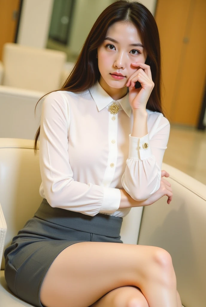8k, RAW photos, top quality, masterpiece: 1.2), ultra detailed, super resolution, (real, real photos: 1.37), portraits, high-definition RAW color photos, professional photos, very detailed and beautiful, very detailed, 8k wallpapers, amazing details, huge file size, official art, highly detailed CG Unity 8k wallpapers, highly detailed beautiful girls, highly detailed faces, Highly detailed eyes, very detailed skin, highly detailed fingers, very detailed nose, highly detailed detailed mouth, perfect anatomy, highly detailed background, very detailed clothing, one girl, cute girl, famous Japan idol, cute, realistic body, petite, white skin, radiant skin, slim body, (blunt bangs: 1.2), smile, cute, youthful, cute face, realistic face, delicate eyes, sagging eyes, camera gaze, contrapost, high street, public, crowd, dynamic lighting, very large breasts, high school, classroom, teacher, medium brown shorthair, (((view 1.1)), smile, window, blackboard, desk, holding (Standing in classroom)))), suit, gray skirt, (simple white blouse), attendance book, (lift skirt by myself))), (((showing white panty))), from below, cowboy shot, sitting on chair, (((spread legs))), (((simple white panty))), pantyhose