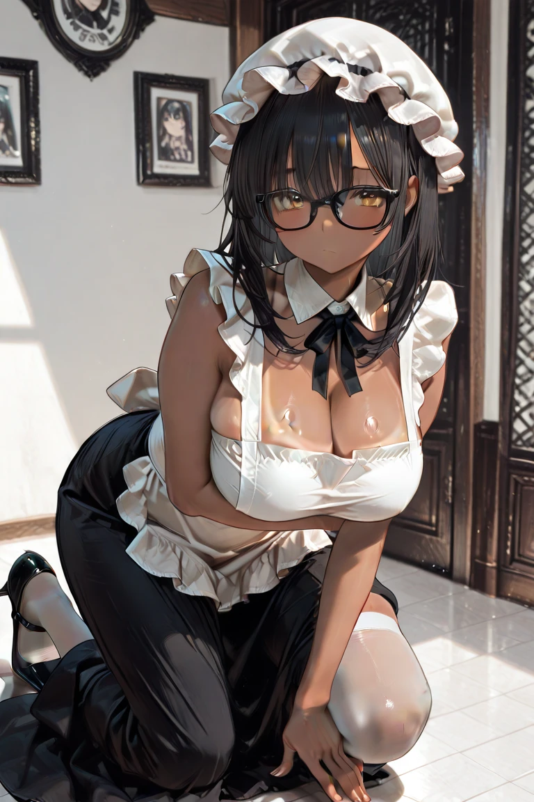 Roberta、Group、Twin braids、Glasses、gem、maid、Opaque Glasses、necklace、apron、Crosaid headdress、crossnecklace、long hair、long sleeve、bangs、Round Glasses、black hair、one girl、solo、big breasts 2.0、smile、blush、nipples are visible、Squat with your legs apart、clothes get wet、Clothes are transparent、lace panties、long skirt、spread legs、flashy underwear、Mushy white love juice、Drip a large amount of love juice、orgasm