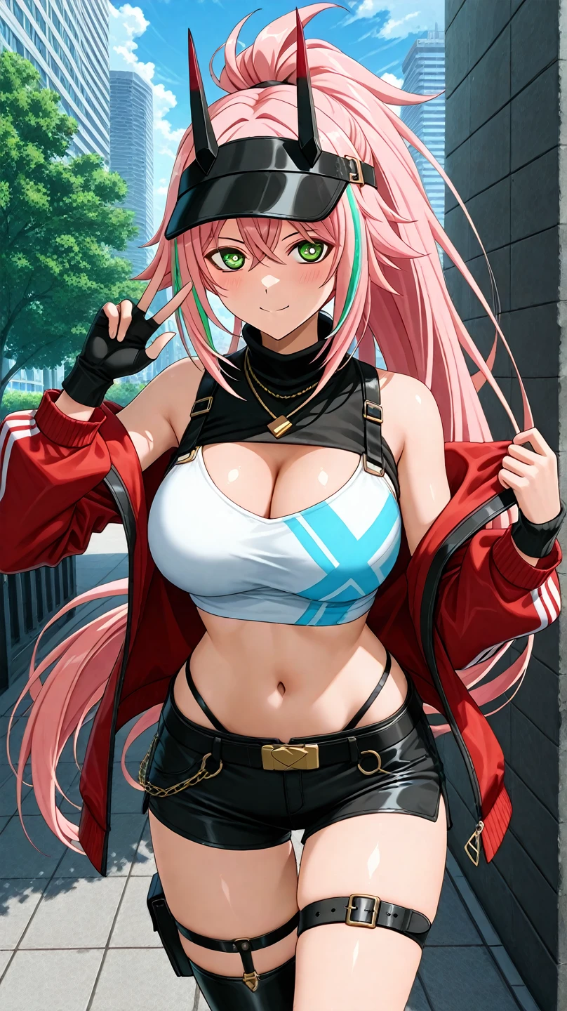 Masterpiece, Best Quality, Neon City, Beautiful girl, Beautiful face, Twin tails, Smile, Jacket, Parka, Skirt, Abs, Big breasts, Sexy,