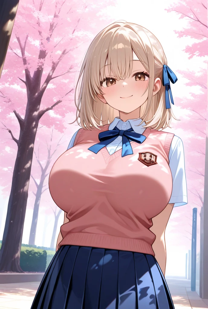 Anime illustration、High resolution、smile、A busty, chubby, lewd high school girl shows off her sexuality in a natural park while wearing a hoodie over her shirt、Bow ribbon tie、mini skirt、Perfect proportions、Cowboy Shot、Plump thighs、Sharp Eyes、Sweaty