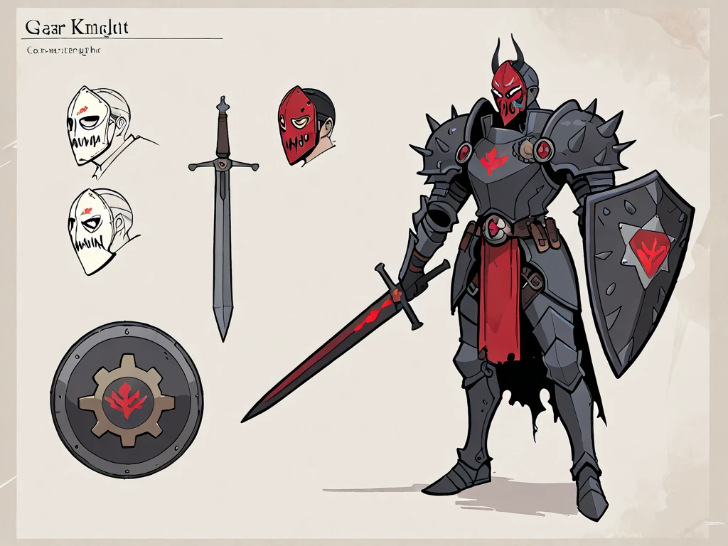 Character sheet, "front, side and back poses", full body, man with skull head "death", black hood with red stripes, black leather jacket, liced pants, white boots, gray knee pads with pimples, eyes deep and red, athletic "muscular" body, gloves, carrying a sword