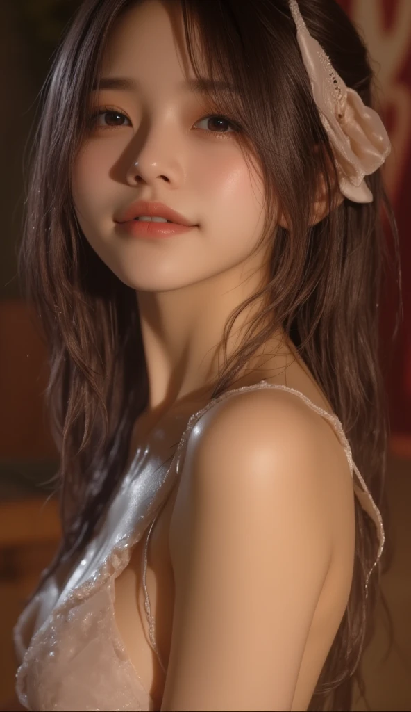 (Masterpiece, Best Quality, 1 Girl, 独奏, intriciate detail, chromatic aberration), (Reality), (skin), 1 Girl Shizuku High Ponytail, ((small breath)), (brunet, Blunt bangs), Detailed hair, Redhead Jewelry, Blue highlighting, One or more hairs eyes, Red Eye, Small earrings, sharp eyes, necklaces, ((naked)), Completely naked, (symmetry eyes), (Perfectly symmetrical body), natta, ((Natural light))), Back lighting, Against a gray wall, a faint light, Standing, (Looking at the viewer), ((Center Shot, from frontal, (Face and waist) sexly