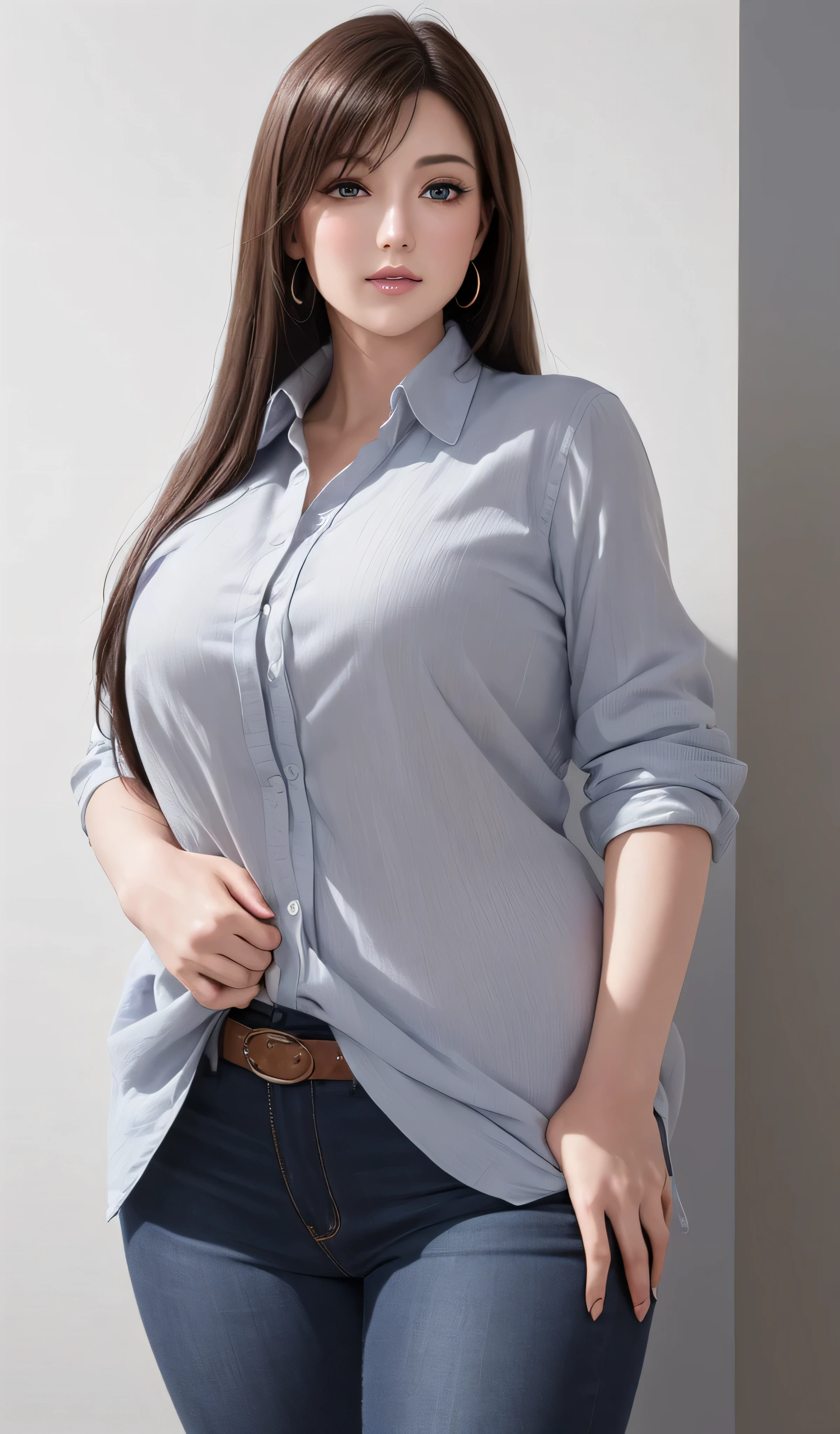 20 Years Old Mature Tifa Portrait, Very Large Framed and Big-boned Body, Matured Appearance, Plump Body, Large Front Top body portrait, (Balanced Standing with Balanced Posture: 1.5), Wearing Long Collared Button-Down Blazer Vertical Strip Shirts and Blazer Coats and light colour Jeans Pants, Grey-White Colour Striped Clothes, Beautiful Simple Button-Down Vertical Strip Shirts, (((Upon body from head to hips)), ((Masterpiece)), ((Highest quality)), ((Super realistic)), ((Ultra-detailed)), ((Illustration)), ((Detail intricated))), Hyper-realistic, Ultra-realistic, Highest resolution, 8K Wallpaper, Professional light, Sweet Fascinating Smile, Perspective, Seductive and Attractive Appearance, Black Dark Long Hair from Shoulder to Waists in Front, Perfect Hair Details, Cute Realistic Young Face, Perfect & Balanced Face details, Jewelry Blue Eyes, Beautiful and Detailed Eyes, Perfect Captivating Eyes, Perfect Noses & Ears, Perfect Mouth & Lips, Best Facial Balance, Perfect Detailed Fair Skin, Glowing Skin, Natural Small Breasts, Perfect Breasts Balance, Wide Shoulders and Arms, Perfect Balanced Horizontal Shoulders, Big Plump Waists, Big Plump Hips, Perfect Waists, Best image quality, Fine-grained image quality, Extreme details, Professional balanced large body, Grey Wall Background, Super Realistic Hands & Fingers Details,