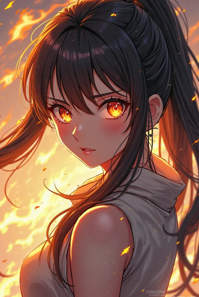 A girl's scruffy appearance,Black-haired mixed-race girl with a ponytail, fire, Black T-shirt, fire焰, elegant, number, Concept Art, Clear focus, illustration