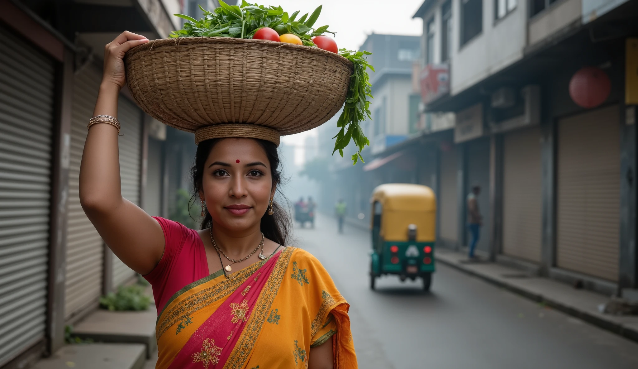 A hyper-realistic cinematic 16:9 photograph of an Indian woman in her 40s walking down a narrow urban street at dawn. She wears a colorful saree, slightly faded from use. On her head, she balances a large round basket overflowing with fresh vegetables — green chilies, tomatoes, brinjals, coriander spilling slightly over the edge. The background shows early morning mist, closed shops with shutters, and a distant rickshaw blurred in motion. Natural light falls softly across the scene. The woman’s eyes are focused, determined, and proud.

