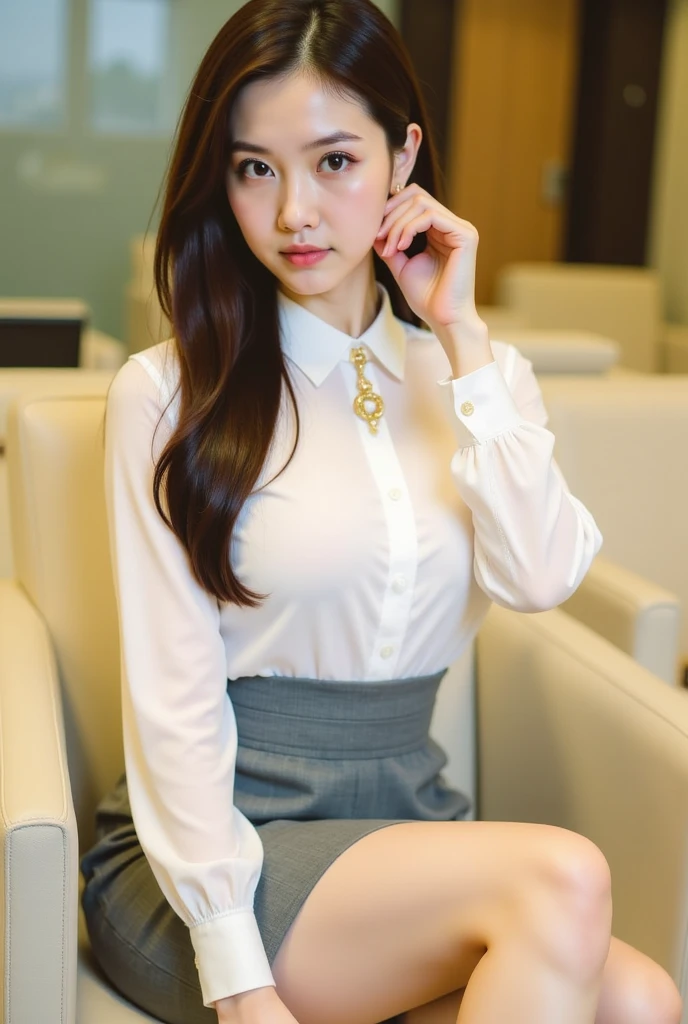 The male protagonist talks with a woman with black long hair professional clothes, the woman smiles and the picture is pleasant, in five luxurious offices