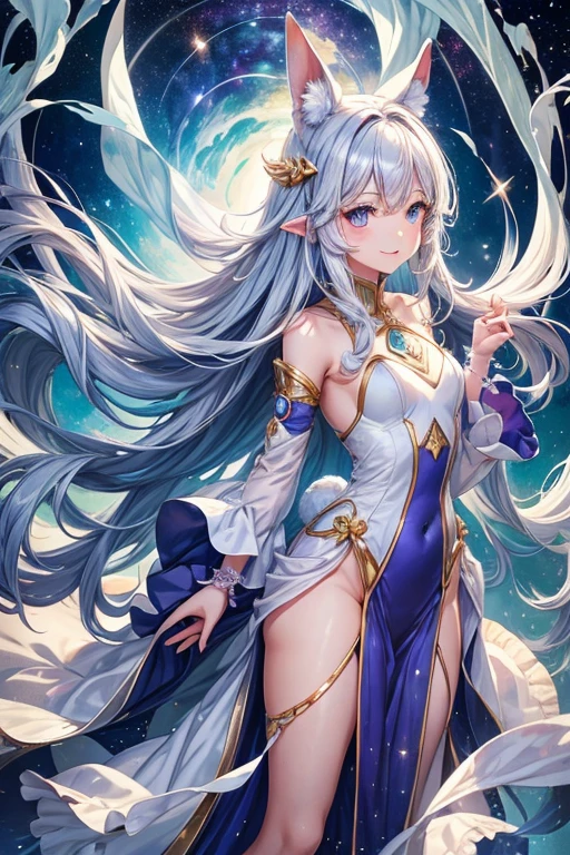 (((Rainbow-colored)))leotard、Beautiful Girl Magician、silver hair upstyle、((whole body))、(((photo taken from below)))、magic circle、background is sky