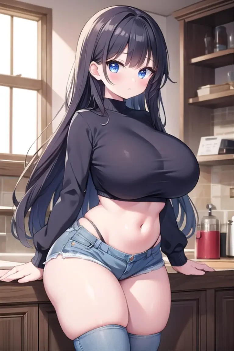 ((best quality)), ((masterpiece)), (Perfectly detailed), (Solo), (Perfect Lighting), A Cute Girl, Long Brunette hair, Beautiful Blue eyes, who was hit with a Plumping Ray, and now has ((Overwhelmingly Large, Absurdly Large Boobs)) and ((Incredibly Gigantic, Extremely Big, Too Ginormous Thighs)), but now she’s to massively Plump to fit in her clothes, and now they are nearly ripping with how tight they are. Red shirt, Dark-Blue Jeans, laboratory in the background.