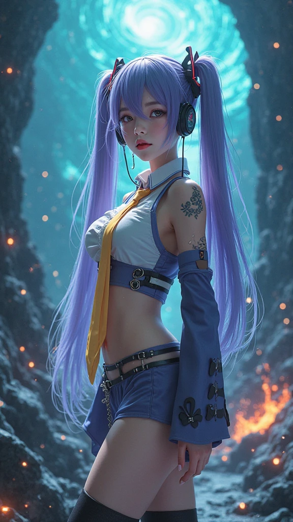 (Masterpiece, Best quality, A high resolution, Ultra detailed:1.2), (Solo, 1girll, Cowboy shot), river delta, Blue hair, double tails, Blue eyes, Detached sleeves, sleeves past wrists, Bare shoulders, long leges, tiese, Skirt, Hitch, Will S........, (Dynamic pose, Black background:1.1)(Masterpiece, Best quality, A high resolution, Ultra detailed:1.2), (Solo, 1girll, Cowboy shot), Dokumiku, double tails, mitts, goggles on head, multicolored hair, Blue eyelashes, Purple eyes, Green jacket, Break,(Dynamic pose, crazy, Mad scientist), (multicolored background)1girll, GHOSTMIKU13, full bodyesbian, 裸露的女， view the viewer, hair between eye, hair blocking eyes, Arms up, Tongue out, Yellow eyes, grey skirt, Sleeveless dress, oversized sleeves, Big sleeves, Long sleeves, see-through skirt, black thighhigns, Simple background,lying down，lies on the ground，open open mouth，Eyes rolled up，In a dark environment，In the interrogation room，punishment，Clothes are torn in the eyes，Exposing the abdomen，Open coat，Tied up，Kneeling，sitting down，Spread your legs apart，Stand with your legs apart，lying down，Lie on the ground，Held down by strong men，Huge，Oversized bust