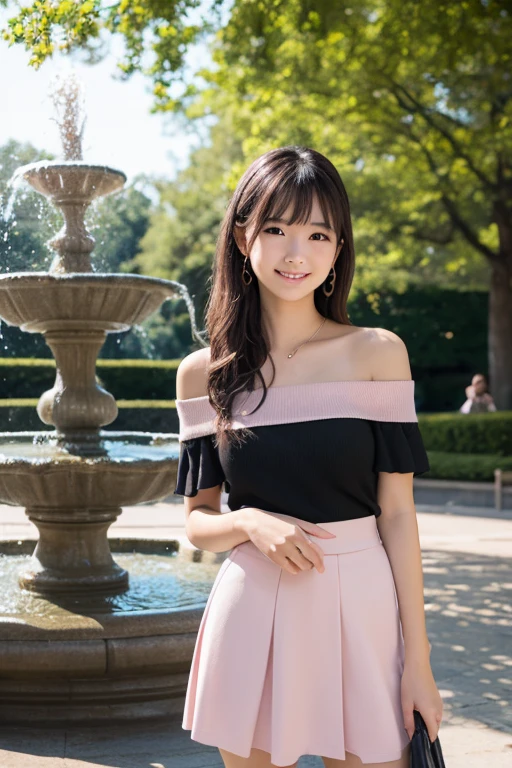 (8k, RAW photo, best quality, masterpiece:1.2), (realistic, photo-realistic:1.4), ultra-detailed, perfect anatomy, perfect limbs, perfect hand, depth of field, POV, cowboy shot, cute japanese model pictures, Beautiful Face, in a summer park, ((One woman)), woman at 30 years old,(brown eyes), (dark blonde loosely curled hair.), She is looking at this way, smiling, She has blunt artificial nails, She is standing shyly in front of the bench, facing me., BREAK, (Ultra micro mini one-piece), bare shoulders, zettai ryouiki