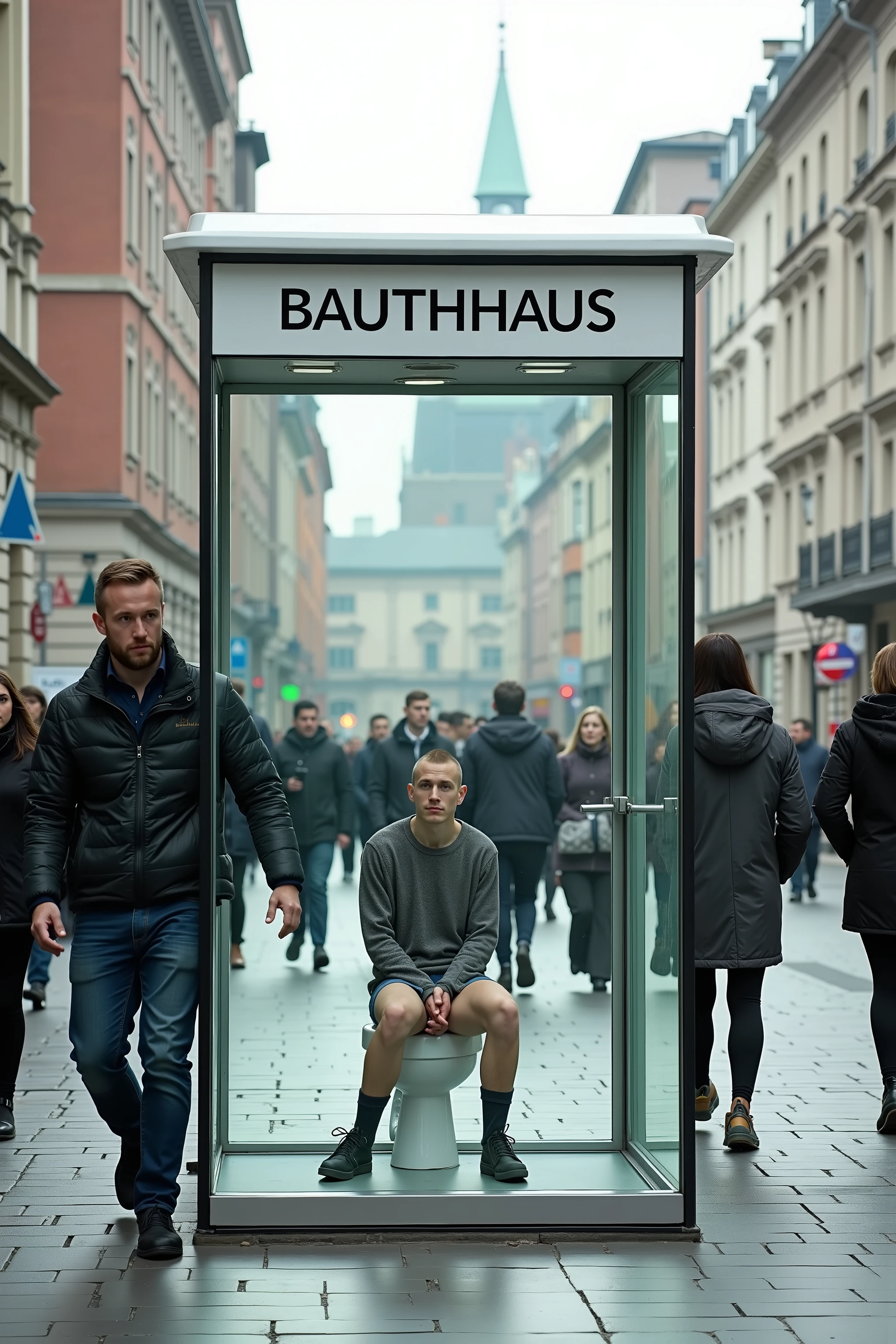 A satirical city scene showing a "Bauthhaus" public restroom standing directly on a busy urban sidewalk. The structure is a minimalist glass cube with a flat white roof and a simple steel frame—completely transparent on all sides to maximize natural light and "functional honesty." A sleek black-and-white sans-serif sign above the doorway reads "BAUTHHAUS." Viewed from the side, a fully clothed man (wearing a shirt and jacket) sits awkwardly on a stark white toilet inside, his pants and boxers down to his ankles, exposing his legs. Outside, pedestrians walk casually past the glass walls, largely ignoring the scene. The mood is dry, absurd, and biting—mocking the extreme consequences of design ideals that forget basic human dignity