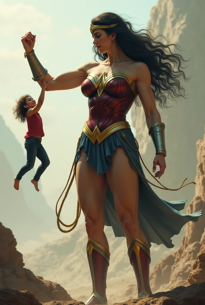 Young boy with red hoodie Vs. Wonder woman (Big tits), Fight, power, fiction, full body, 2 person