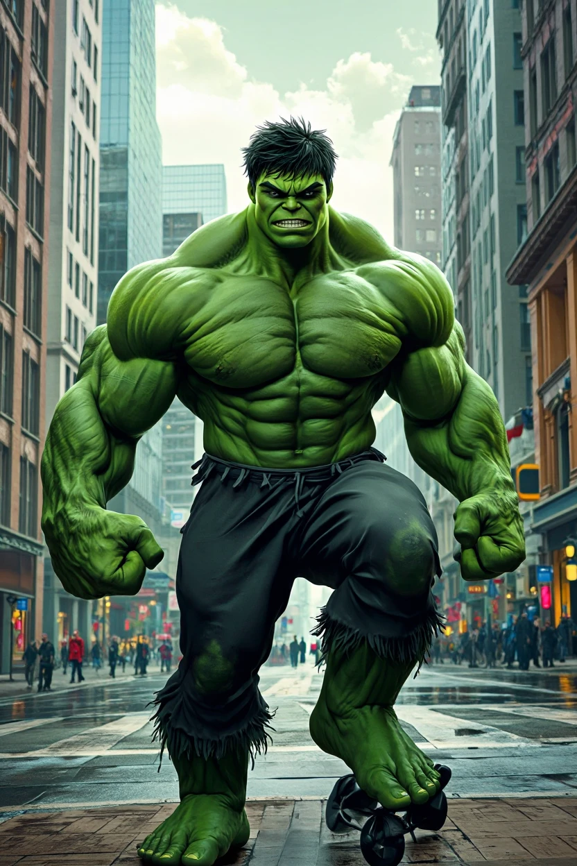 A striking side profile image of the Hulk, the iconic Marvel superhero. His massive green body, with pronounced muscles and jaggedskin, towers over the landscape. His eyes are closed, and a faint smile hints at his inner strength and determination. The background features a dramatic, stormy sky, reflecting the powerful emotions that fuel the Hulk's incredible abilities.Less