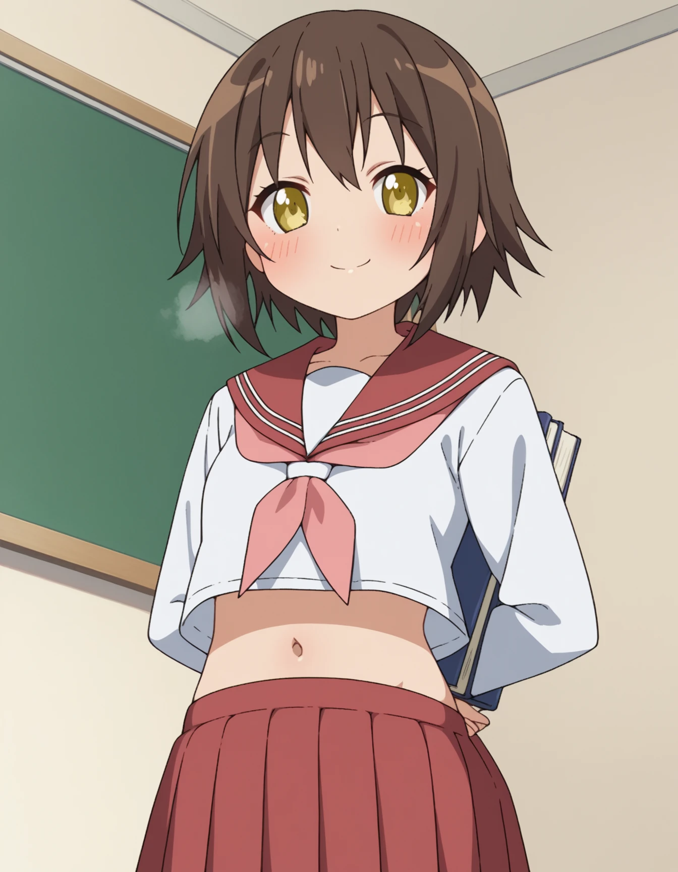 masterpiece,highest quality,MARUI MITSUBA,brown eyes,brown hair,hair ribbon,short twin tails,grin,crossed arms,,classroom,mitsudomoe \(shape\),completry ,vagix,
