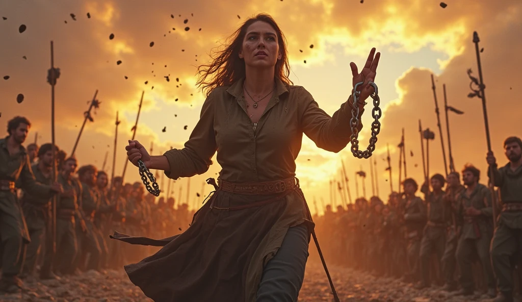 a woman pointing her finger as if she were fighting,image of the time of Moses detailing very cinematic realistic in 4k