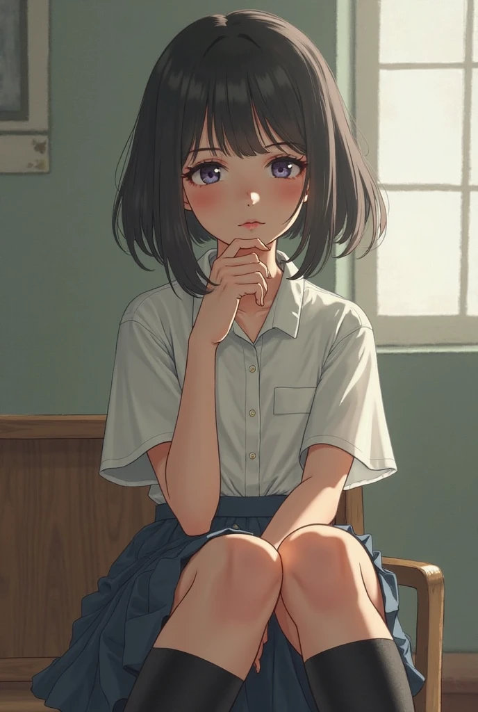 nsfw,loafers、smile、Bright classroom、(((alone))),(((1 person))), beautiful, shape, Highly detailed skin, masterpiece, Highest quality, Highly detailed face, Vibrant colors, Written boundary depth, Cinema Lighting,, one person's, alone, short hair,skirt,blush, White shirt, masterpiece Highest quality 高解像度 膝を曲げて座る、eight-headed body、beautiful足 、On campus、As if looking up from below、((Embarrassing,blush)),Browsing Caution,White panties,(((White pantiesをずらしてまんこを見せる)))