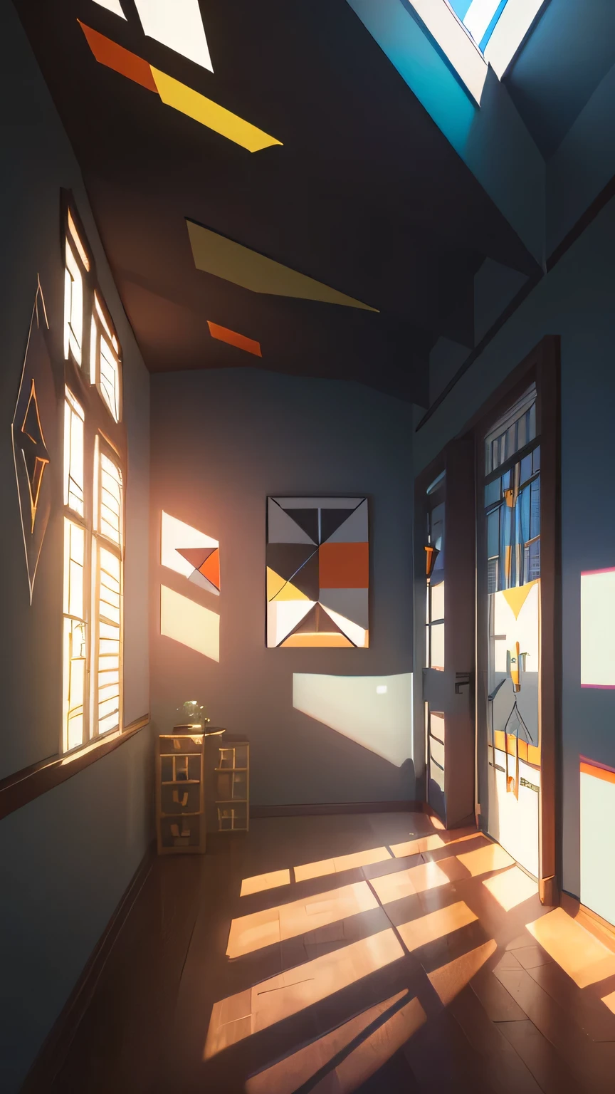 ((best quality)), ((masterpiece)), high resolution,sharp focus,(Super Detail,very detailed),(very detailed CG unity 8k wallpaper),(((vivid colors))),{best illustration},
(Bright sunlight, strong shadows and light),
(Bauhaus style geometric house:1.5), interior decoration based on geometric art concept, (Large Bauhaus-style wall), Crop top with Geometric Art,