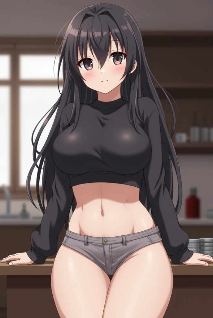 (masterpiece)), ((top-quality)), (The ultra-detailliert), ((kawaii)), cute little, (Wonderful), ((ighly detailed)), 4K、 (8K), top-quality, (Beautiful fece),(((World-class quality))), ighly detailed, hight resolution,、(((1 girl in)))(独奏)、18year old、Colossal tits、Crisp eyes、a black T-shirt、JINS、Black panties、show breast、Show panties、