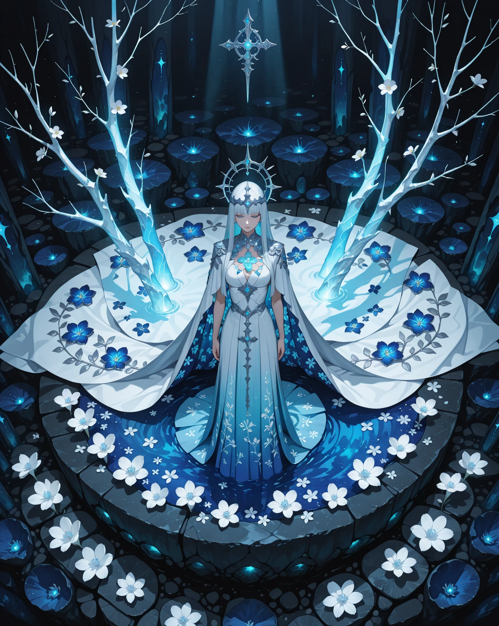 White long straight hair, elaborate silver headpiece, intricate blue and white floral outfit, long flowing cape adorned with blue floral patterns, elegant and regal pose, both arms extended holding branches with glowing white flowers, standing confidently, looking straight forward, fantasy-themed indoor cave-like environment, glowing flowers and dark rock background, cool blue color palette, dramatic and ethereal lighting from above, tranquil and mystical atmosphere, front and centered view, sharp focus, no apparent motion blur.