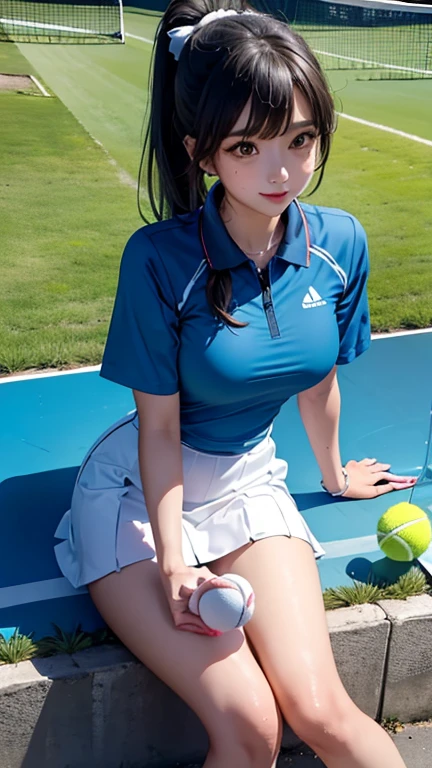 (master piece), (best quality), (ultra high details), (unity 8k wallpaper), high resolution, cinematic lighting,   (full shot), (full body),  (panty shot), ((1 cute girl:1.4)), ((18years-old japanese actress:1.4)), (beautiful detailed eyes:1.5),  (Model Body shype), super detailed skin, thin, large breasts, cleavage, beautiful legs, Blue line, (White tennis wear)、(White polo shirt)、White skort、pixie cut, black hair、A best smile, Tennis court、Sweaty、dynamic play,