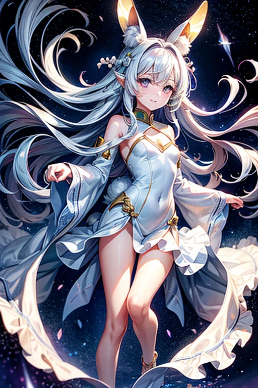 Little Loli,masterpiece, high resolution, best quality, Very detailed,wallpaper,Space starry sky background,Cute and cute,A body made of white jade,Silver long hair,Height one meter five,V-shaped jumpsuit,Full body picture,No shoes,Very small feet,Feet made of white jade,Detail of reproductive organs,Directly facing the top view