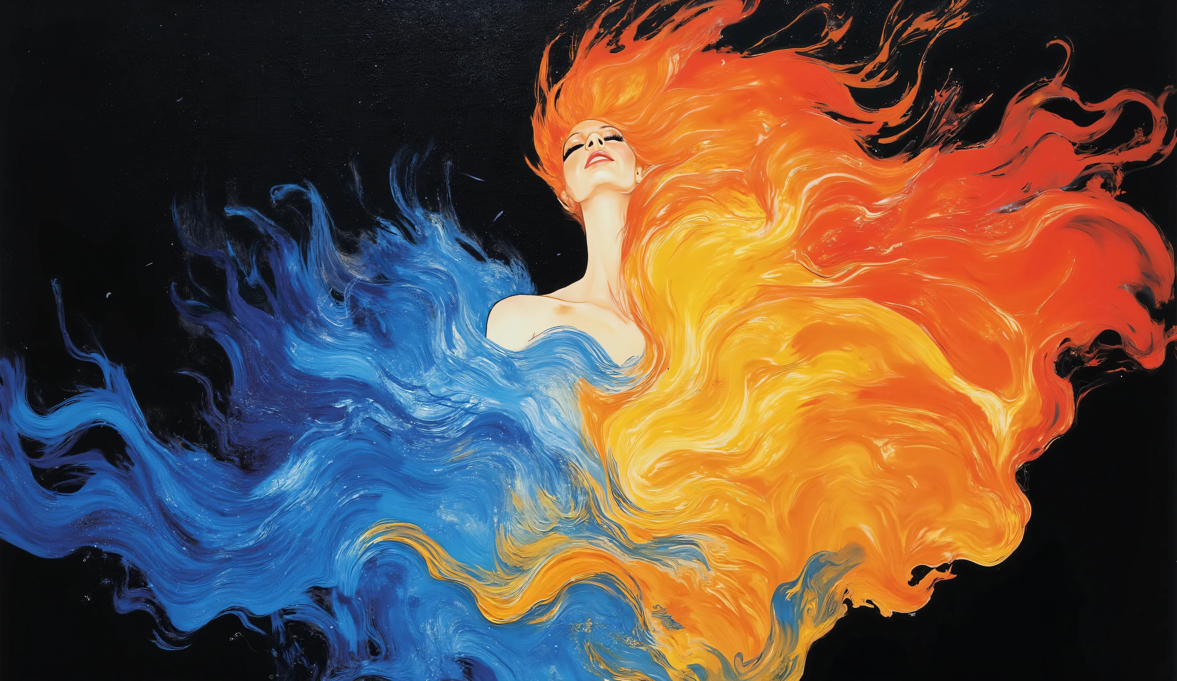 ((Highest quality)), ((obra-prima)), (detalhado), acrylic, A fiery spirit based on a beautiful woman, flames Dress your body with colorful flames, Using colorful flames, Wearing the Colorful Flame, Using blue flames,Hair made of Colorful flames、Personification of the Colorful fire spirit, fantasy , The clothes are made of Colorful fire, Make your body semi-transparent , Geral, is transparent and mysterious ., fluid hair, Hair made of Colorful flame,fantasia, , delicately, The hair material is fire Colorful ,Geral, the image of the flames is strengthened ., The clothes are made of colorful fire, Bare skinless , Outer space in the background, , dark background, abstrato, floating in space, A robe of blue flames in your hands, Mixing with the colorful flames.