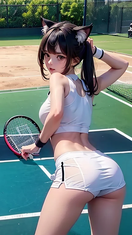 NSFW,{(8K, nffsw:1.2), (surreal:1.35))}, (white flared mini skirt:1.3),,{{tinian undercoat}},
break, {{1 beautiful girl:18-year-old:,{{{__performance__}}}, break,{{(pussy:pink }}、 break,{{look backお尻を見せてください,big ass,look back, Show More Ass:i can see you}}, break,{legs open,,white socks,Crab crotch, {{(butt view), perfect butt}} break,{(waist shot),(Please bend over and stick your butt out....................),close up of thighs,Close-up of lower body,(bright lighting from below)}} ,masterpiece,, , 8k wallpaper, , , (black long hair), twin tails, two side up,, shiny skin, , {{Big eyes, , enchanting smile, blush}}, {{(tennis wear:White and pink colors)}},{{(white flared mini skirt:1.3)}} ,(tennis racket), {{Tennis court,tennis ball}}