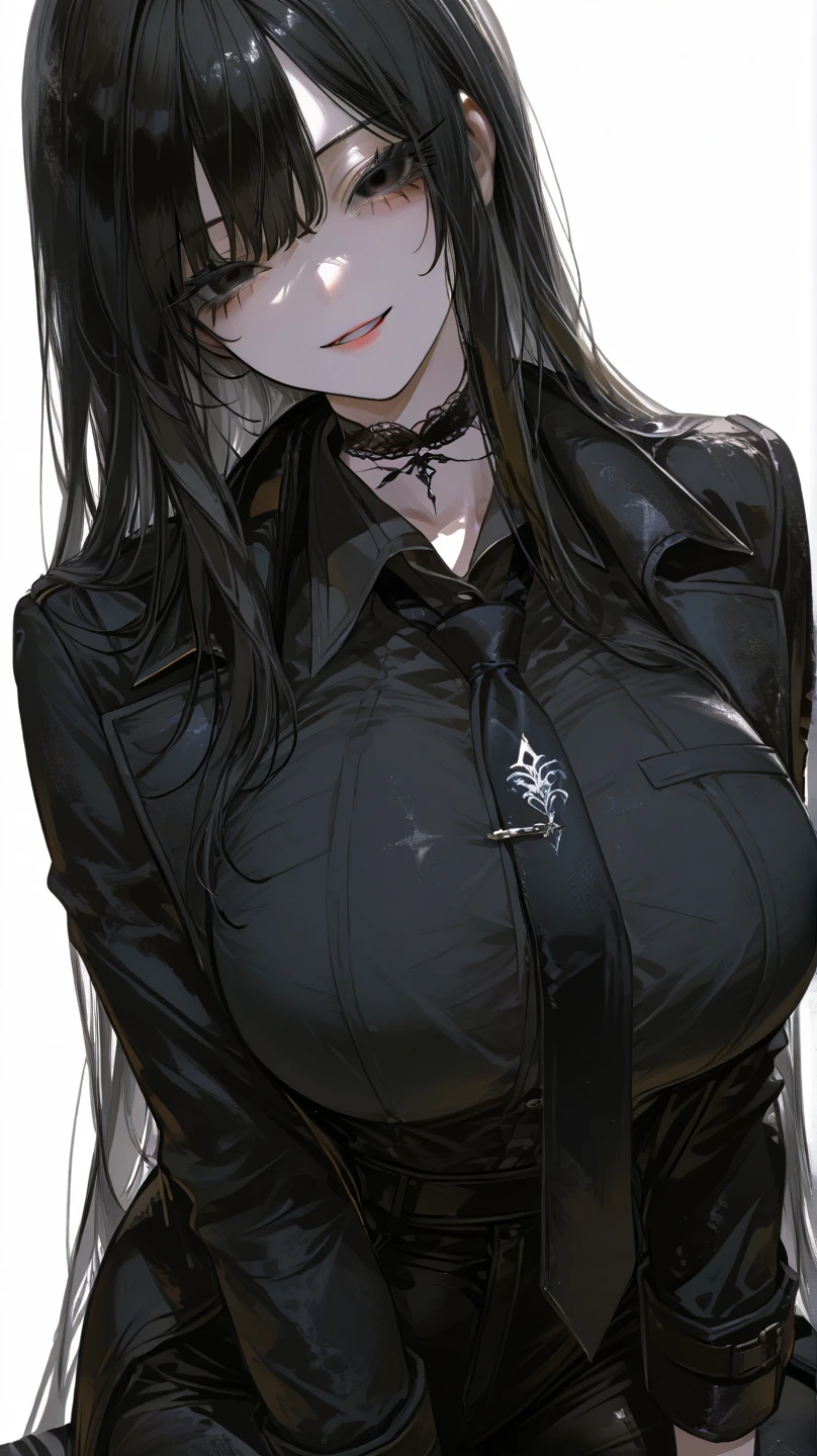 ((blood droplets)), ((blood)), ((blood splatter)), ((blood on clothes)), ((blood stain)), Masterpiece, Beautiful art, professional artist, 8k, tired expression, showing teeth slightly, very detailed face, Detailed clothing, detailed fabric, 1 girl, View from above, lying on the ground, BIG BREASTS, perfectly drawn body, , pale skin, tired expression, beautiful face, long black hair, 4k eyes, very detailed eyes, pink cheeks, choker:1.6, (white long sleeve button down shirt with white collar), black gloves, gloves that cover hands, (black leather corset), (shiny black leggings), Sensual Lips, show details in the eyes, dark forest, Atmosphere, fog, At night
