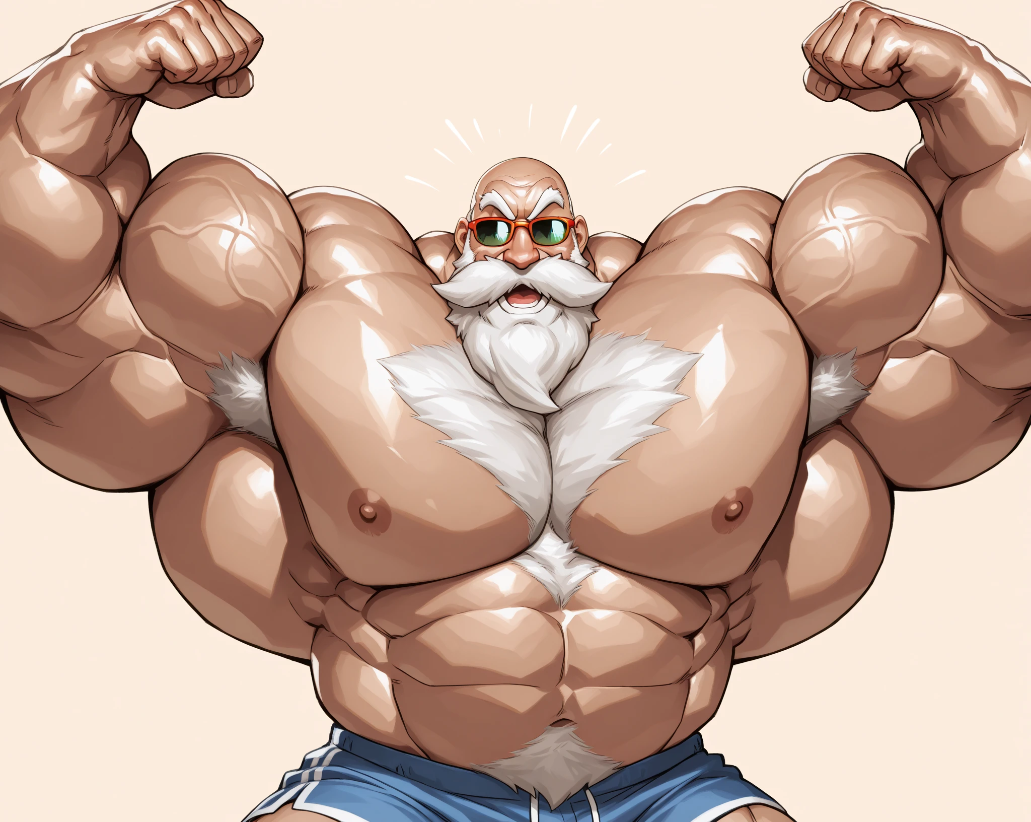 Magazine cover. solo, 1boy, perfect anatomy, ground view, wrinkles skin, low shoot, down view, perfect proportion, thick body, thick thighs, big red bag, big eyes, smile, santa claus, perfect fingers, big hand, fingers. Huge Muscular Old man with short hair, shoes ,(white shorts), view from side, pectoral, thick arms, huge pectoral, wide pectoral, white hair, white beards, simple background, masterpiece, semirealistic:1.2, high detailed, 8k, high resolution, perfect center, full view. ((really big muscle, massive muscular, sixpack, thick arms, wide pectoral, super huge muscle, hyper muscular, over sized muscle, huge arms, big arms, huge pectoral))