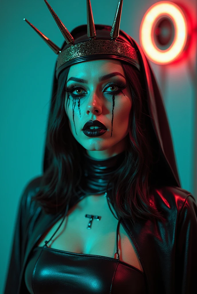 (best quality:1.2),artwork,scary woman with a mask,dark clothing,holding a bloodied knife,piercing gaze,horror theme,creepy atmosphere,ominous lighting,nighttime scene,macabre details,color palette:dark and gloomy,Showing your breasts,without, is sitting in a macabre chair