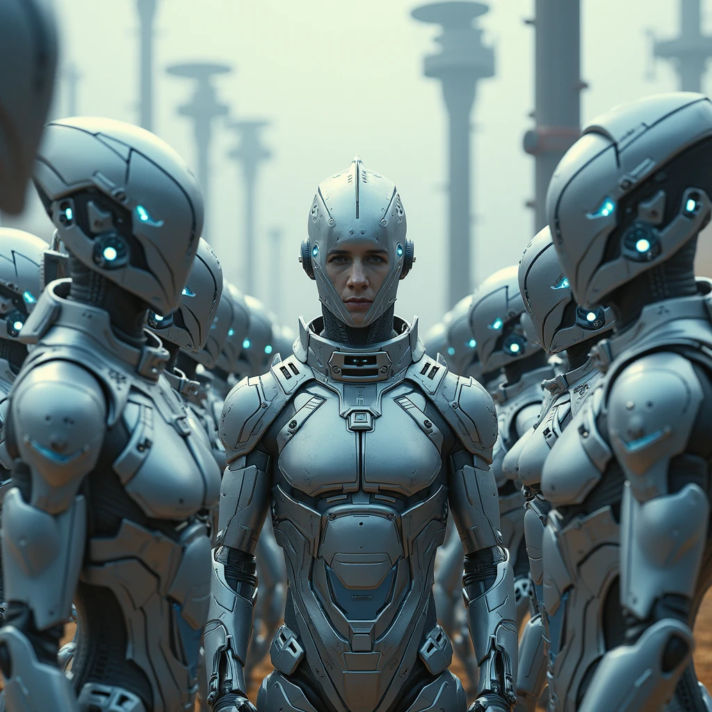 there are many robots standing in a row in a city, peter gric and dan mumford, beksiński and james jean, michael whelan and pixar, justin gerard and greg rutkowski, style of daniel merriam, andreas rocha and john howe, weta studio and james jean, larry macdougall --auto --s2