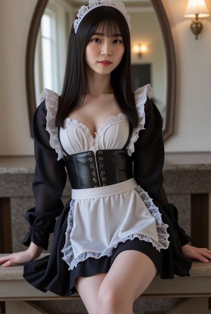 (skirt rift:1.8)、(masterpiece、top-quality、hyper pretty face、write、zettai ryouiki、thighs thighs thighs thighs、see the beholder:1.4)、Super beautiful girl、gardeniass、8K、EF 50mm、Official art、Raw photo、absurderes、frombelow、is standing、(black thigh、maid、Maid headdress、Half-sleeved、frilld、a choker、maid apronl、Puffy sleeves、Wrist cuffs、grab skirt、self lift:1.3)、Depressed、Tearful eyes、(sad Facial expression、angry)、 Slender girl、Small waist、Thin arms、((very Bigger breasts))、Bedroom、face lights、Soft lighting、Warm colors、film grains、chromatic abberation、foco nítido、naturey、Frankness、extremely detailed eye and face、(dark backgrounds、bokeh dof、blured background、White lace bite panties:1.2)、showing butt、