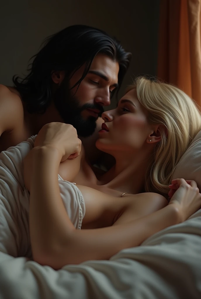 BLONDE MAN SITTING ON A SOFA AND A WOMAN WITH BLACK HAIR GIVING HIM A FELLATOUS