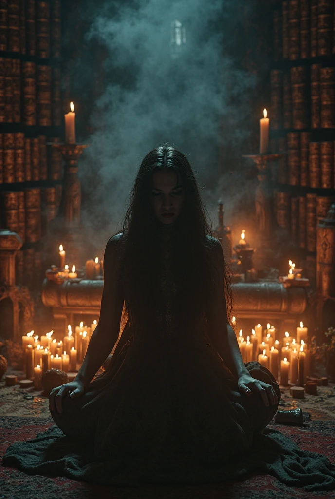 A young witch in a black colored hall, without natural light, holding a scepter with a candle, sitting on a throne in the middle of a huge hexagram with candles around it