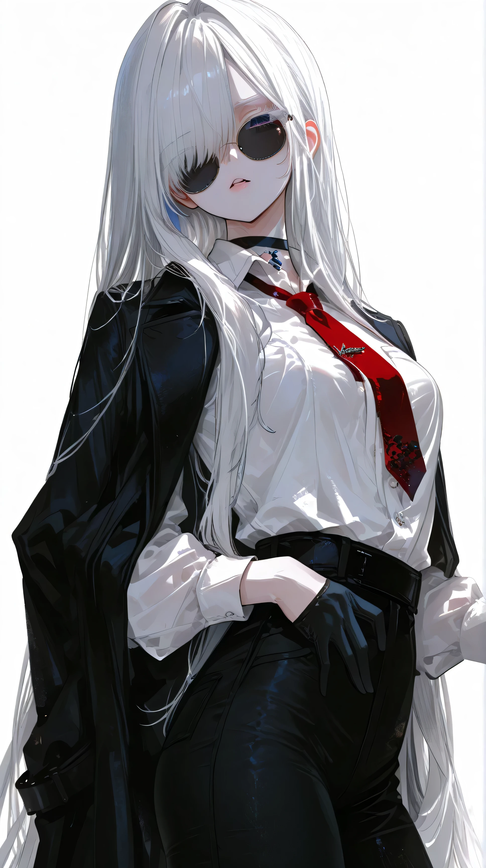 solo , black coat , single , 1girl, single , young girl , round sunglasses , very long hair , blue eyes , White hair , empty gaze , bangs, long hair, hair over one eye, Small Breasts , parted lips , looking at viewer, colored eyelashes, eyelashes, long eyelashes , albino , white shirt , red necktie , black choker , black pants , long sleeves, black gloves ,Standing position , half gloves ,white background , 748cmstyle